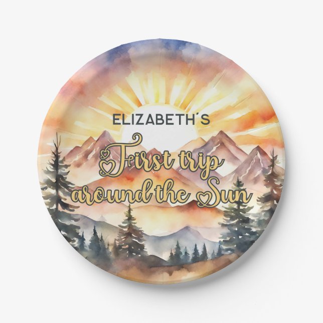 First Trip Around the Sun 1st Birthday Boho Nature Paper Plate (Front)