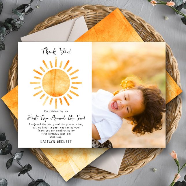 First Trip Around The Sun 1st Birthday Photo Thank You Card (Creator Uploaded)