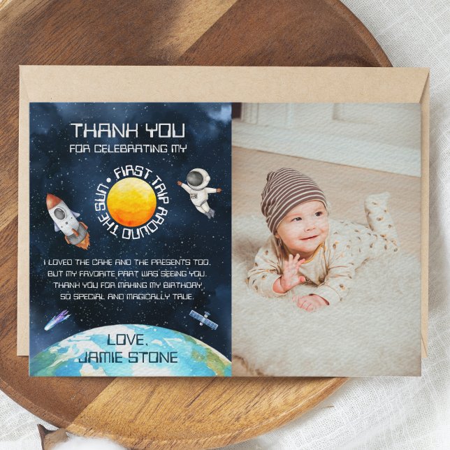 First Trip Around The Sun 1st Birthday Space Theme Thank You Card (First Trip Around The Sun Space Theme 1st Birthday Thank You Card)