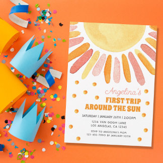 First Trip Around the Sun 1st Birthday Watercolor Invitation