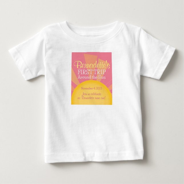 First Trip Around the Sun Birthday Party Cute Pink Baby T-Shirt (Front)