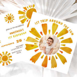 First trip around the sun birthday photo  invitation