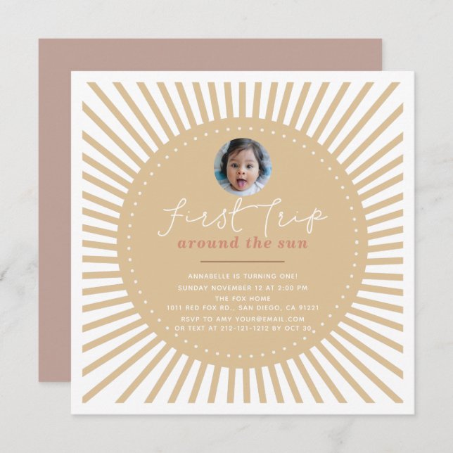 First Trip Around The Sun Boho Photo 1st Birthday Invitation (Front/Back)