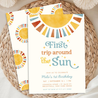First Trip Around the Sun Boho Retro 1st Birthday Invitation