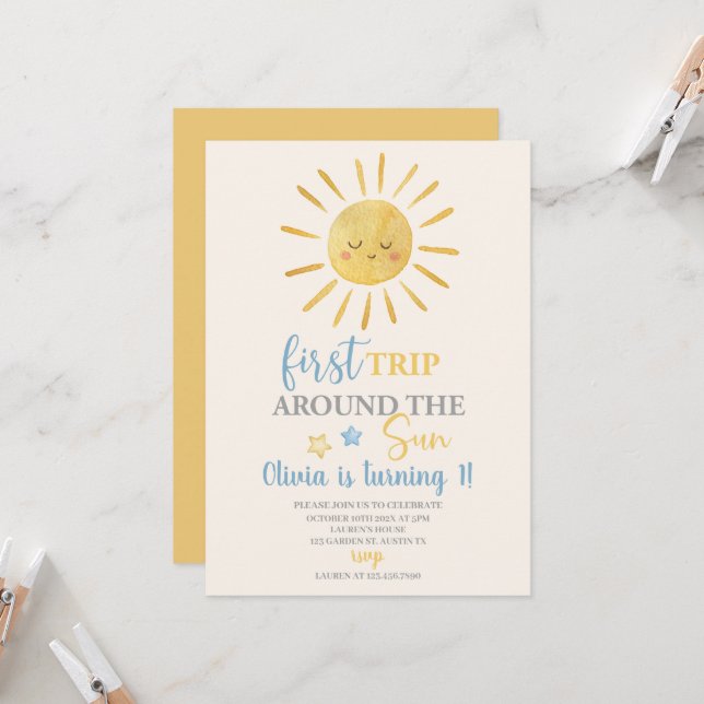 First Trip Around The Sun Boy 1st Birthday Party Invitation (Front/Back In Situ)