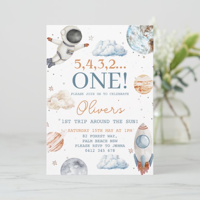 First Trip Around the Sun Boy Space 1st Birthday Invitation (Standing Front)