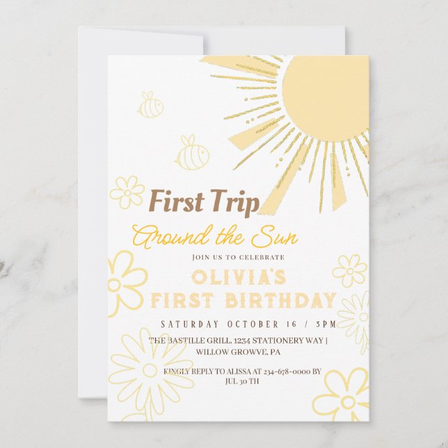 First Trip Around The Sun Cute 1st Birthday Invitation (Front)
