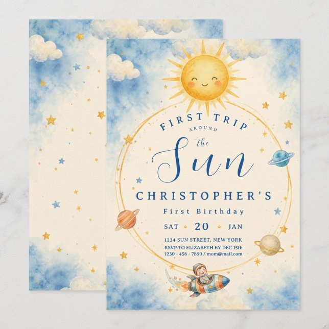 First Trip Around the Sun First Birthday Invitation (Front/Back)