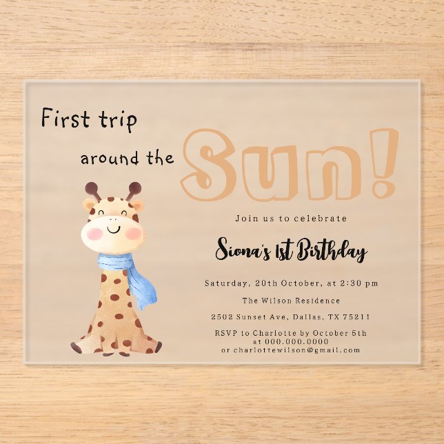 First Trip Around The Sun Giraffe 1st Birthday Acrylic Invitations (Front)