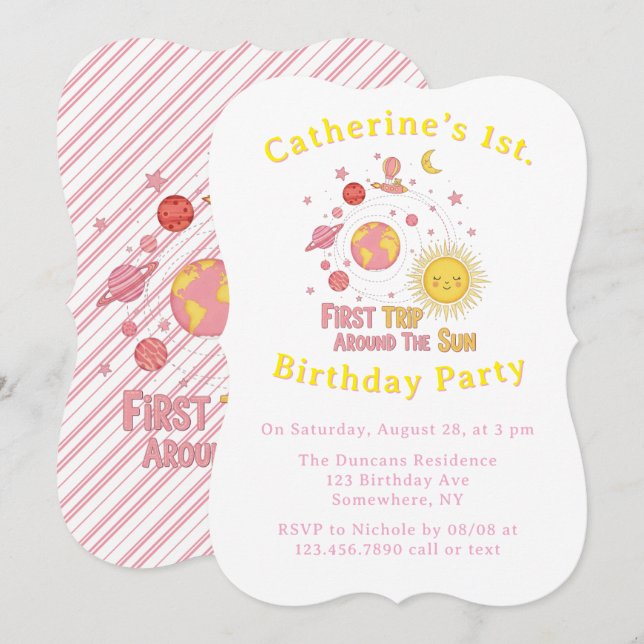 First Trip Around The Sun Girl 1st. Birthday Party Invitation (Front/Back)