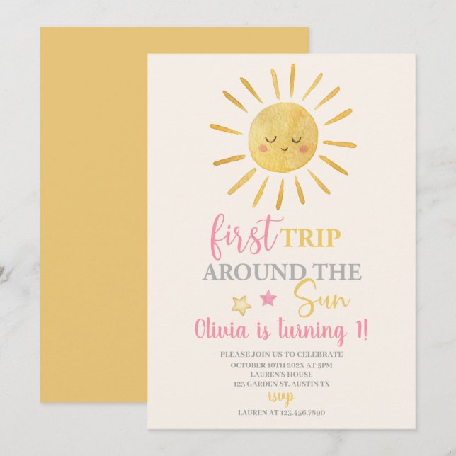 First Trip Around The Sun Girl 1st Birthday Party Invitation (Front/Back)