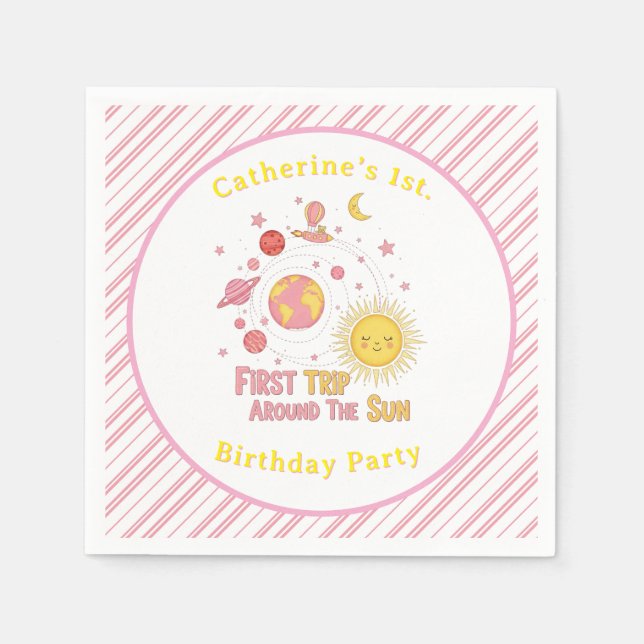 First Trip Around The Sun Girl 1st. Birthday Party Napkin (Front)