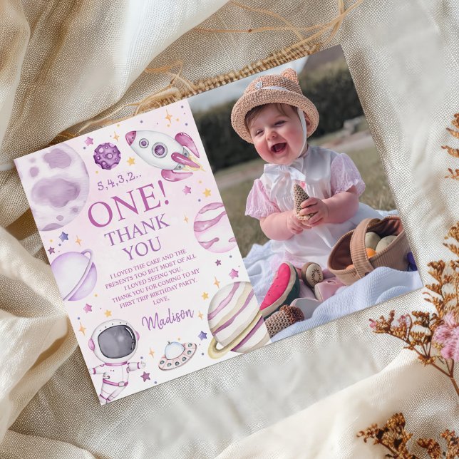 First Trip Around The Sun Girl Space 1st Birthday Thank You Card (Creator Uploaded)