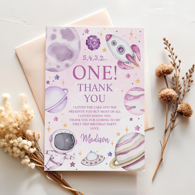 First Trip Around The Sun Girl Space 1st Birthday Thank You Card (Creator Uploaded)