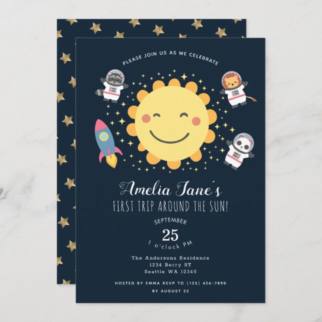 First Trip Around The Sun Kids 1st Birthday  Invit Invitation (Front/Back)