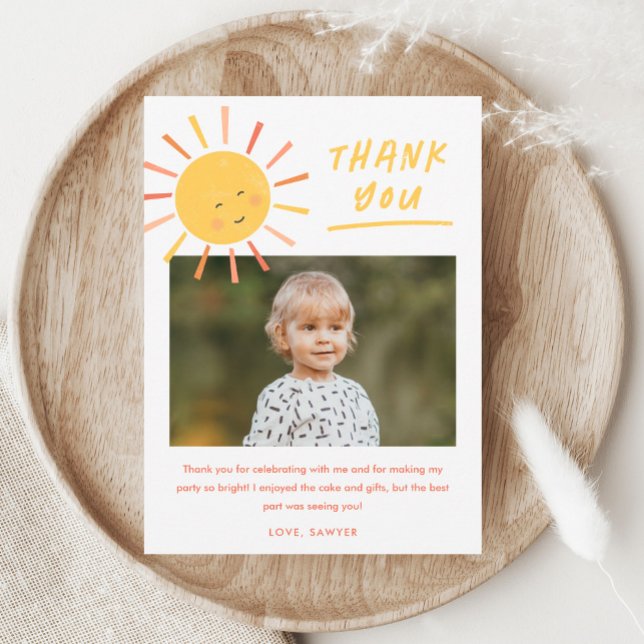 First Trip Around the Sun Kids Photo Birthday Thank You Card (Hand-drawn modern sun illustration photo kids birthday party thank you note card.)