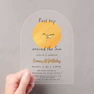 First Trip Around The Sun Paper Aeroplane Birthday Acrylic Invitations