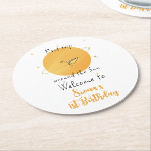First Trip Around The Sun Paper Aeroplane Birthday Round Paper Coaster