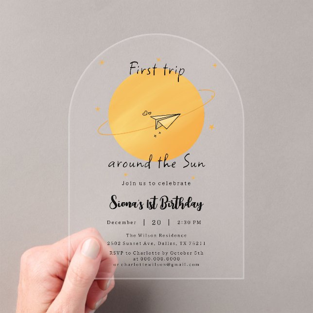 First Trip Around The Sun Paper Airplane Birthday Acrylic Invitations (Insitu (Handheld))