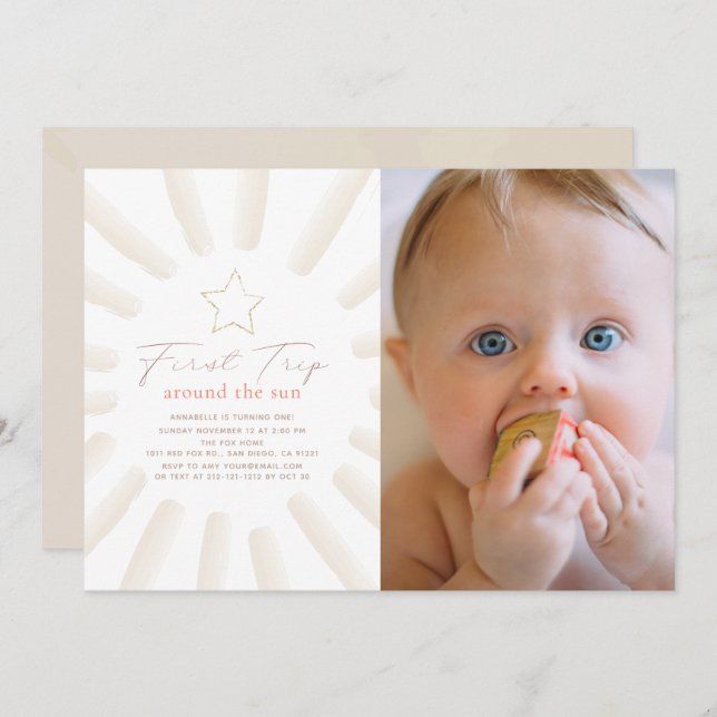 First Trip Around The Sun Photo Boho 1st Birthday Invitation (Front/Back)