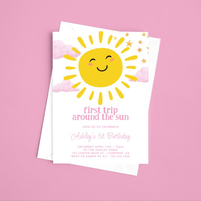 First Trip Around The Sun Pink 1st Birthday Invitation (Creator Uploaded)