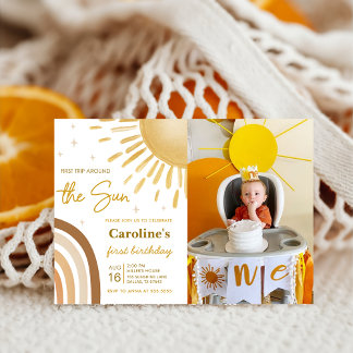 First Trip Around The Sun Rainbow Birthday Photo Invitation