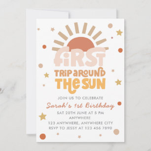 First Trip Around The Sun Retro Boho 1st Birthday Invitation