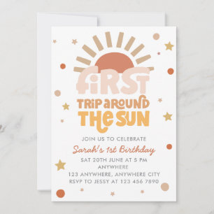 First Trip Around The Sun Retro Boho 1st Birthday Invitation