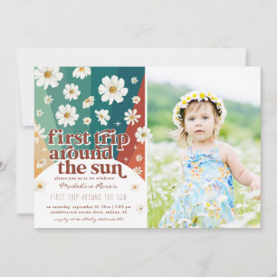 First Trip Around the Sun   Retro Daisy Rainbow  Invitation