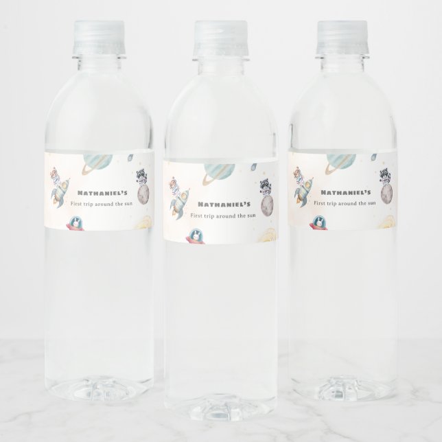 First Trip Around the Sun space animals Birthday  Water Bottle Label (Bottles)