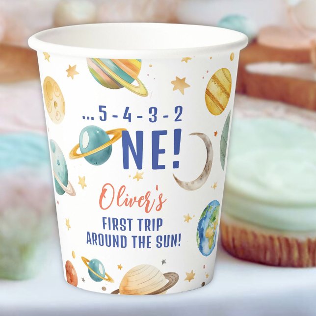 First Trip Around The Sun Space Boy 1st Birthday Paper Cups (Creator Uploaded)