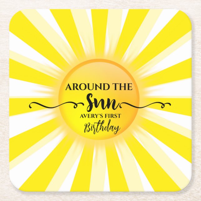 First Trip around the Sun Summer Birthday Party  Square Paper Coaster (Front)