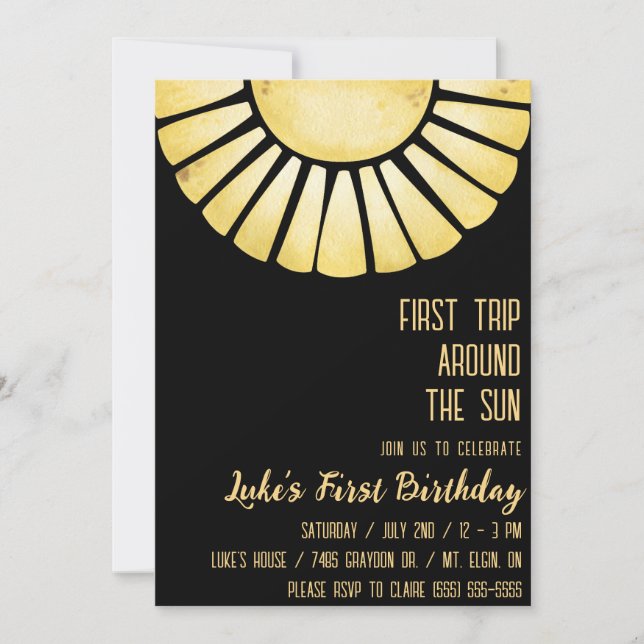 First Trip Around the Sun, Sunray 1st Birthday Invitation (Front)