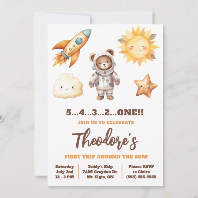 First Trip Around the Sun, Teddy Bear 1st Birthday Invitation (Front)