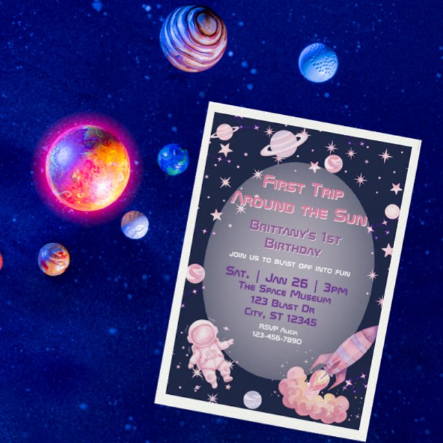 First Trip, Pink Purple Space 1st Birthday  Invitation (Creator Uploaded)