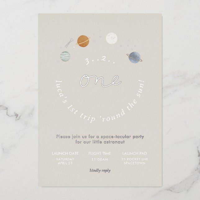 First Trip Space Theme 1st Birthday Foil Invite (Front)