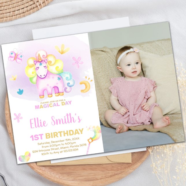 First Unicorn Birthday Invitation with Photo (Purple First Unicorn Birthday Invitations w photo)