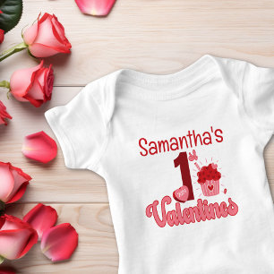 First Valentine's Cupcake Red & Pink Girl Name Baby Bodysuit