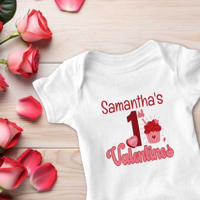 First Valentine's Cupcake Red & Pink Girl Name Baby Bodysuit (Make your child's first Valentine extra special with our personalized (name & year) baby bodysuit. )