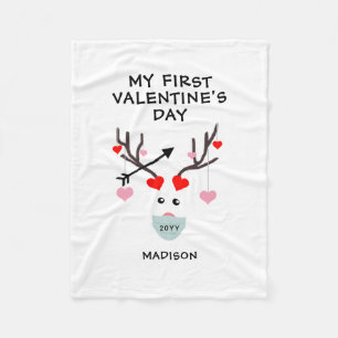 First Valentines Day Cute Heart Deer Personalized Fleece Blanket