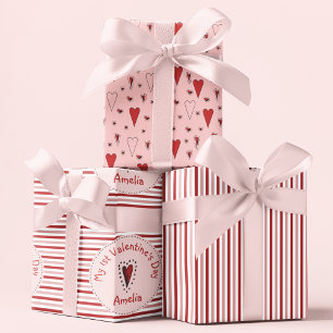 First Valentines Day Pink and Red Stripes & Hearts Wrapping Paper Sheet