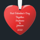First Valentine's Day Together Names Heart Red Ornament<br><div class="desc">Printed with monogrammed name templates and year template in romantic red heart background for couples celebrating their first Valentine's day together. Makes a beautiful Valentine's day gift for him or her.</div>