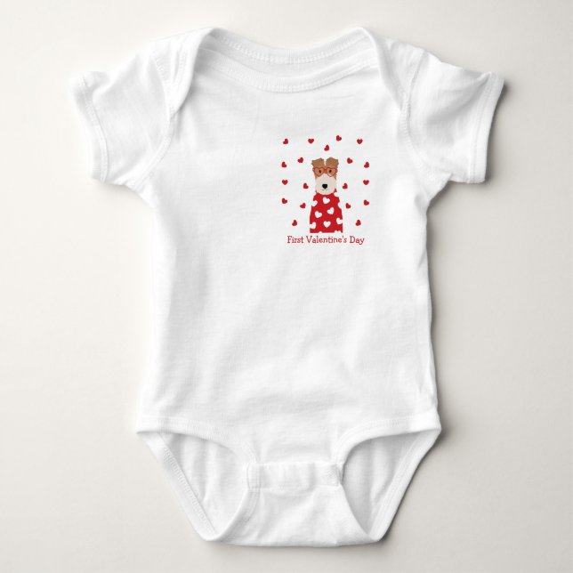 First Valentines Day Wire Fox Terrier Dog Baby Bodysuit (Front)