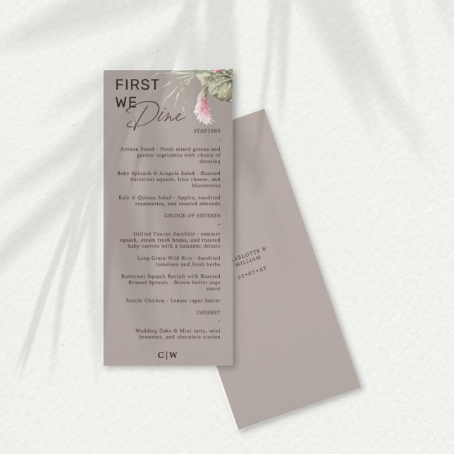 First We Dine Taupe Tropical Floral Wedding Menu (Creator Uploaded)