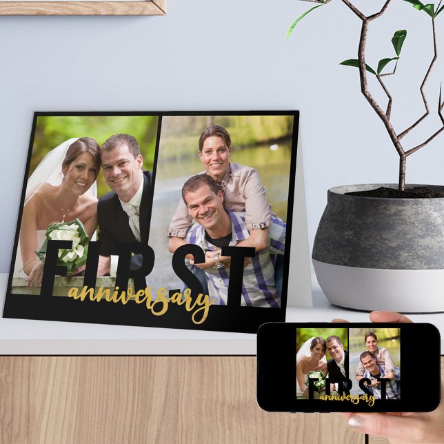 First Wedding Anniversary 2 Photo Gold Script Card (Creator Uploaded)