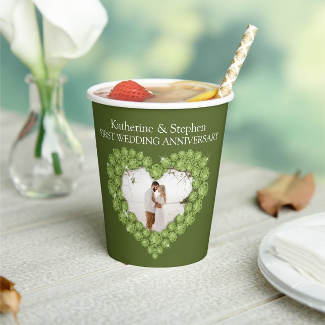 First Wedding anniversary heart photo peridot Paper Cups (Insitu)