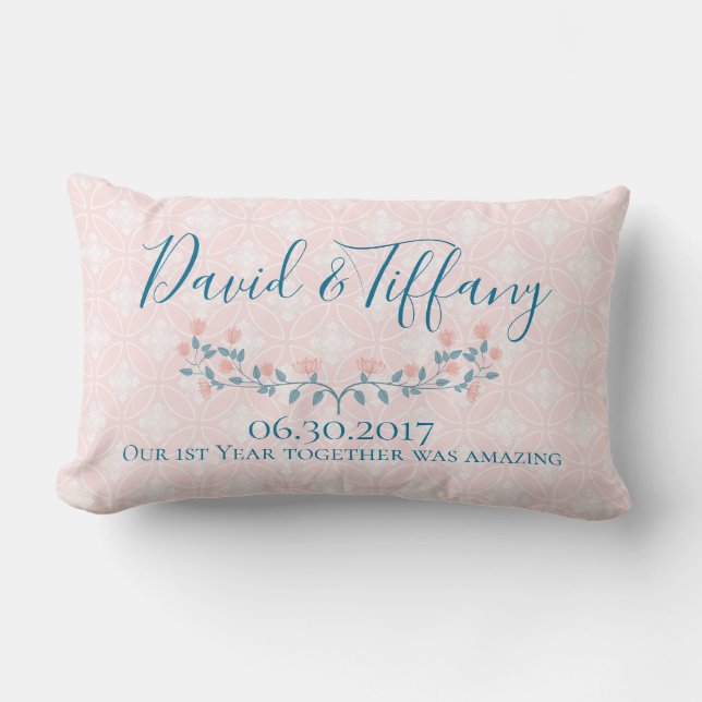 First Wedding Anniversary Pink and Blue Lumbar Cushion (Front)