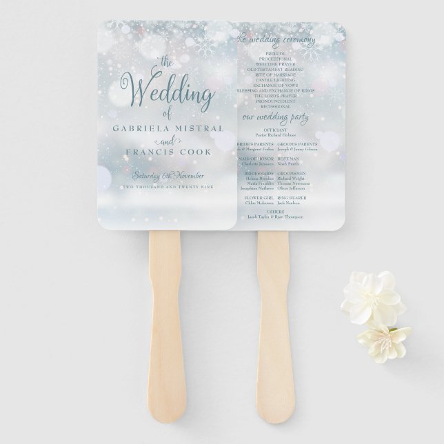 First Winter Snowflakes Wedding Program Hand Fan (Front and Back)