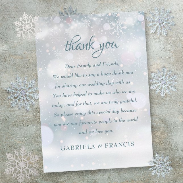 First Winter Snowflakes Wedding Thank You Place Card (First Winter Snowflakes Wedding Thank You Place Card)