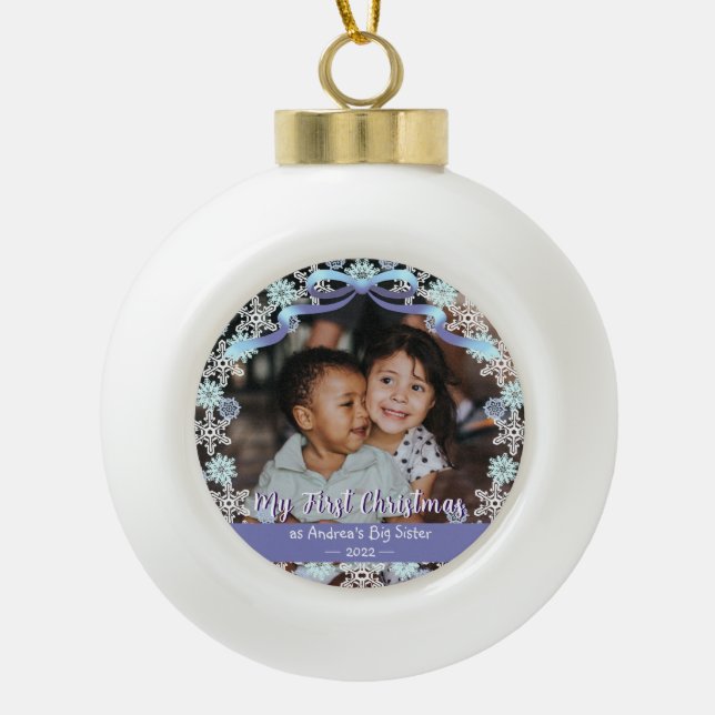 First Xmas Grandma Snowflakes Ribbon Light Blue  Ceramic Ball Christmas Ornament (Front)
